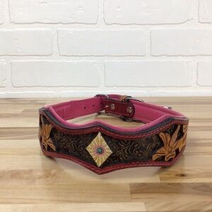 Mad Cow genuine leather contemporary western dog collar handmade brown pink gold